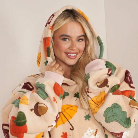 Autumn Print Hoodie Blanket, Adults - Natural Beige