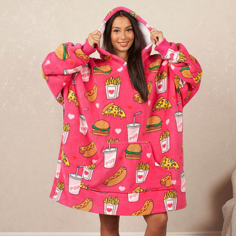 Fast Food Print Hoodie Blanket, Adults - Pink