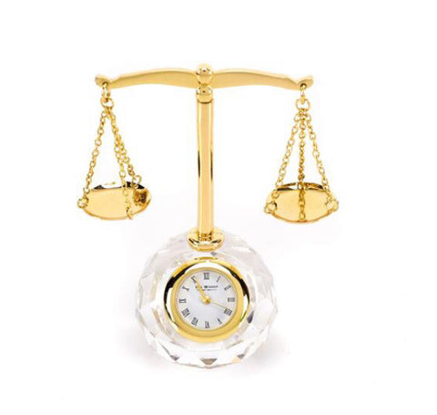 William Widdop Miniature Glass Clock - Scales Of Justice