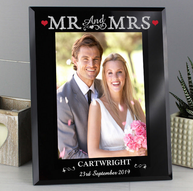 Personalised Bling Mr & Mrs Black Glass 5x7 Photo Frame