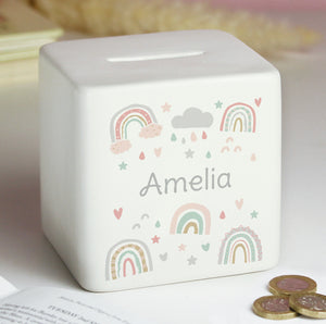 Personalised Rainbow Ceramic Square Money Box