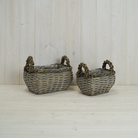 Set Of 2 Oval Grey Baskets With Chunky Handles