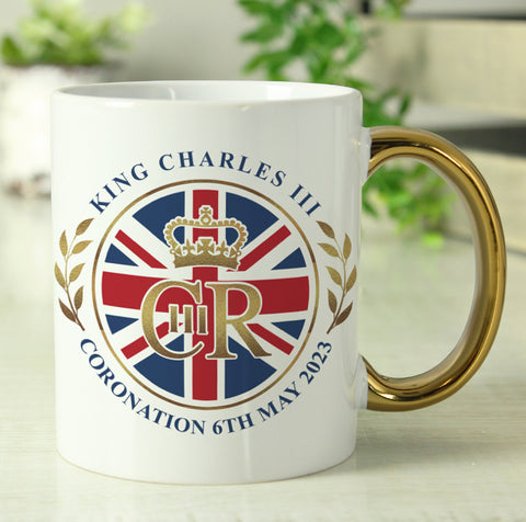Personalised King Charles III Union Jack Coronation Commemorative Gold Handled Mug