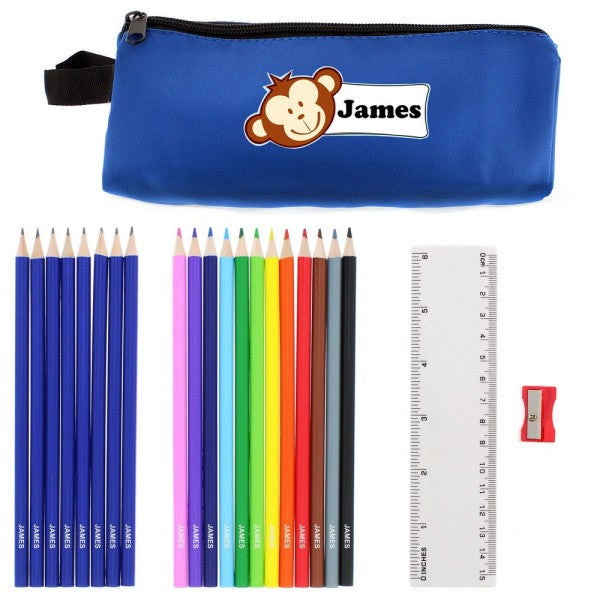 Blue Monkey Pencil Case with Personalised Pencils & Crayons