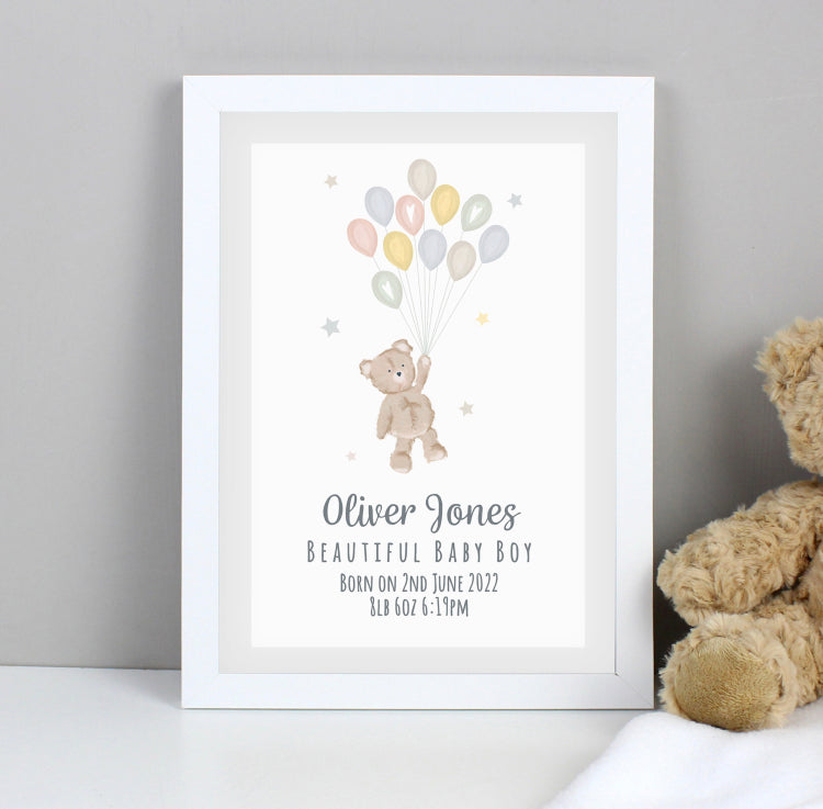 Personalised Teddy & Balloons A4 White Framed Print