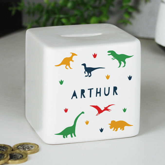 Personalised Dinosaur Ceramic Square Money Box