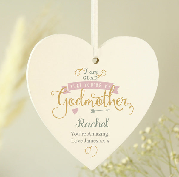 Personalised I Am Glad... Godmother Wooden Heart Decoration