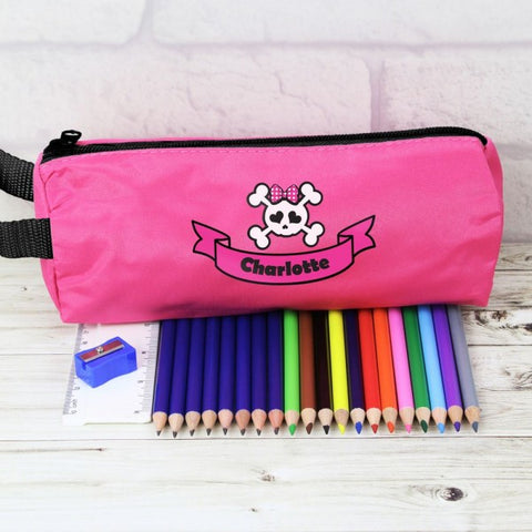 Pink Skull Pencil Case with Personalised Pencils & Crayons