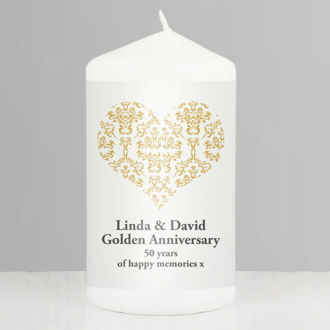 Personalised Gold Damask Heart Pillar Candle