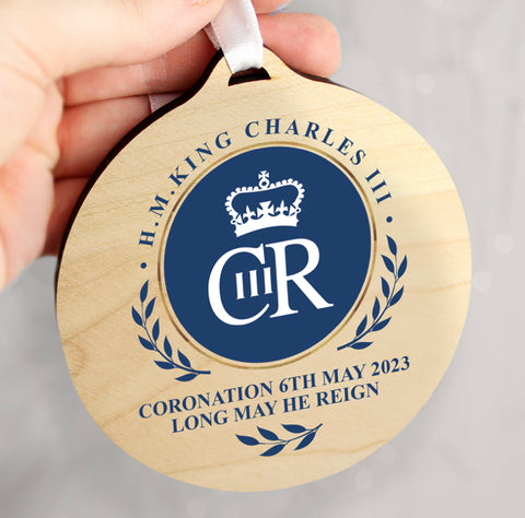 King Charles III Blue Crest Coronation Commemorative Round Wooden Decoration