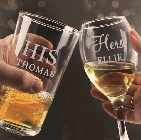 Personalised His & Her Pint and Wine Glass Set