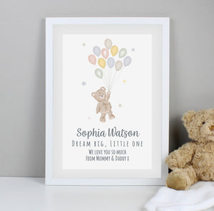 Personalised Teddy & Balloons A3 White Framed Print