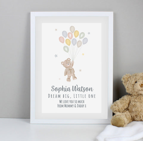 Personalised Teddy & Balloons A3 White Framed Print