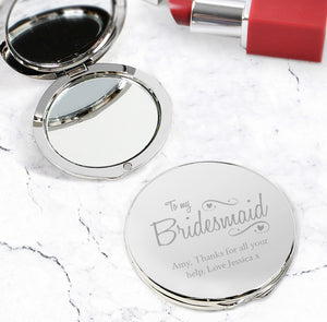 Personalised Bridesmaid Swirls & Hearts Compact Mirror