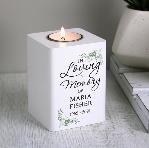 Personalised In Loving Memory White Wooden Tea light Holder