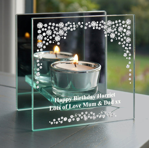 Personalised Diamante Mirrored Glass Tea Light Candle Holder