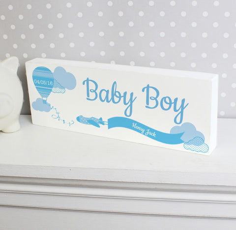 Personalised Up & Away Baby Boy Wooden Block Sign