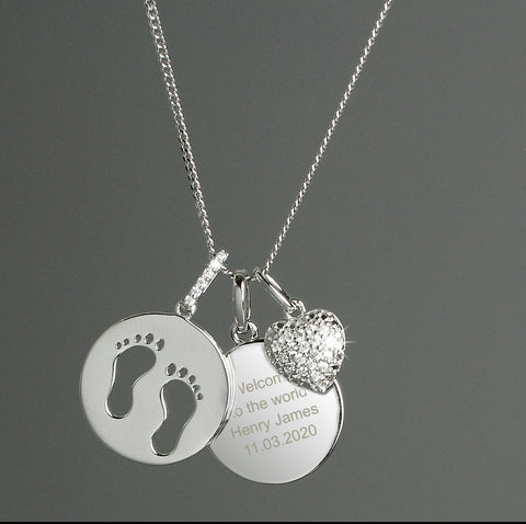 Personalised Sterling Silver Footprints and Cubic Zirconia Heart Necklace