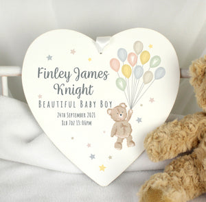 Personalised Teddy & Balloons White Wooden Heart