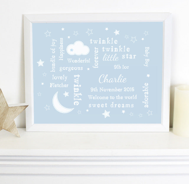 Personalised Blue Twinkle Twinkle Typography White Framed Print