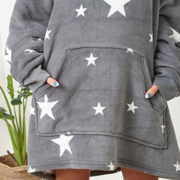 Star Print Hooded Blanket - Charcoal
