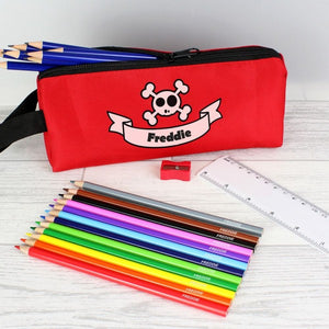 Red Skull Pencil Case with Personalised Pencils & Crayons