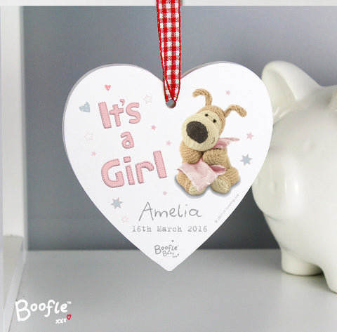 Personalised Boofle It's a Girl Wooden Heart Decoration