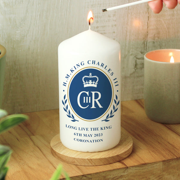 Personalised King Charles III Blue Crest Coronation Commemorative Pillar Candle