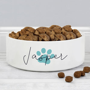 Personalised Blue Pawprint Name 14cm Medium Pet Bowl