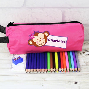 Pink Monkey Pencil Case with Personalised Pencils & Crayons