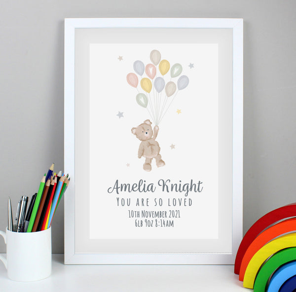 Personalised Teddy & Balloons A3 White Framed Print