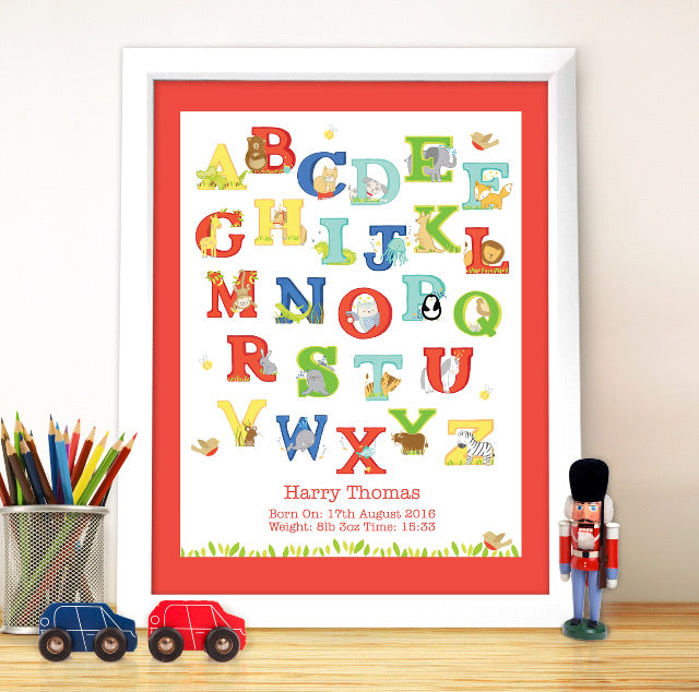 Personalised Animal Alphabet White Framed Print