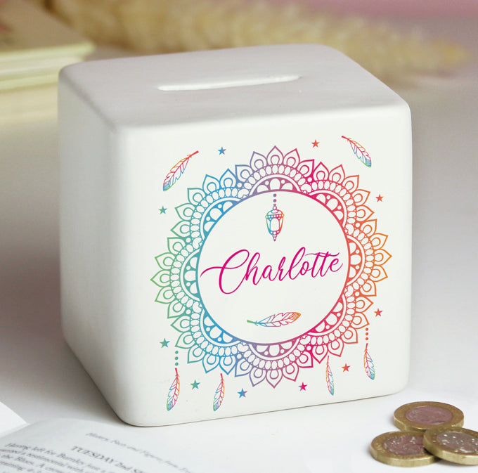 Personalised Dreamcatcher Ceramic Square Money Box