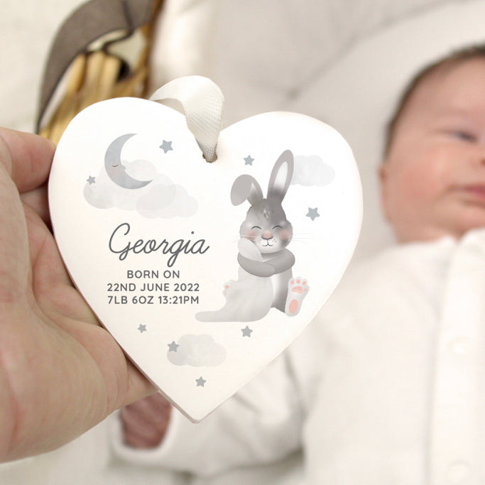 Personalised Baby Bunny Wooden Heart Decoration