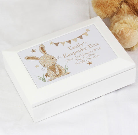 Personalised Hessian Rabbit Wooden Jewellery Box