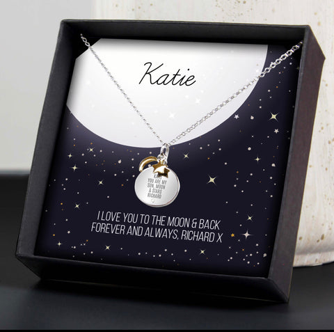 Personalised Sentiment Moon & Stars Sterling Silver Necklace and Box