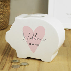 Personalised Pink Heart Piggy Bank