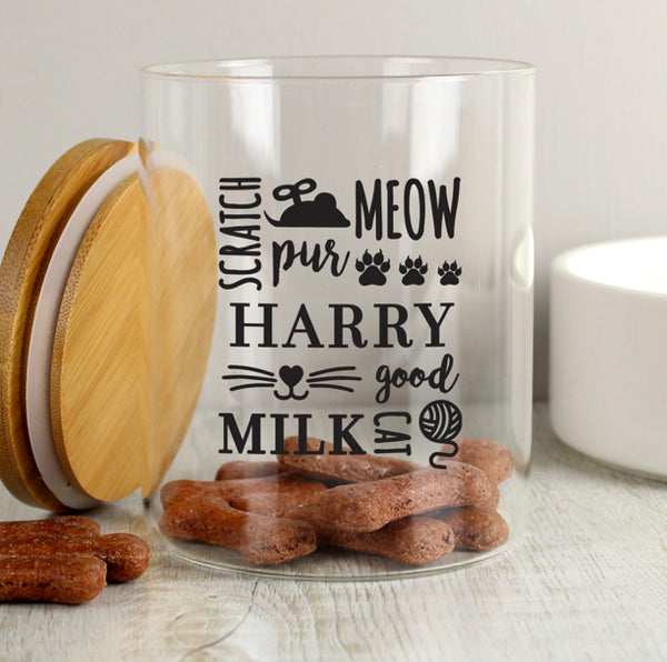 Personalised Glass Cat Treat jar with Bamboo Lid