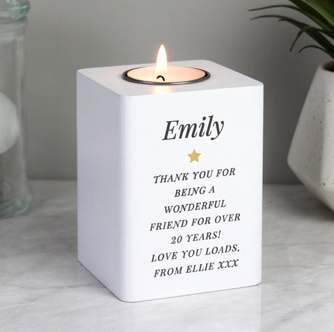 Personalised Free Text White Wooden Tea light Holder