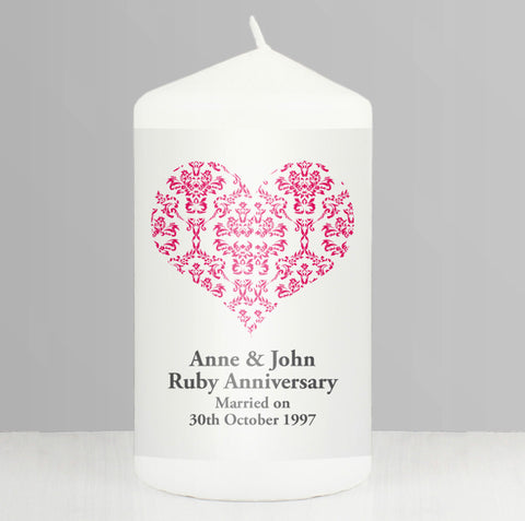 Personalised Ruby Damask Heart Pillar Candle