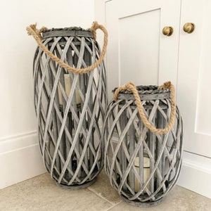 Woven Lantern With Rope - Grey