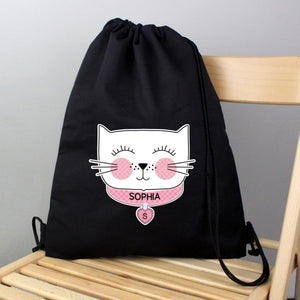 Personalised Cute Cat Black Swim & Kit Bag