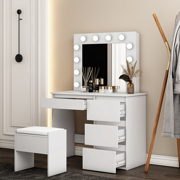 White Dressing Table Stool Set 4 Drawer 12 LED Bulbs Mirror Dresser Makeup Desk