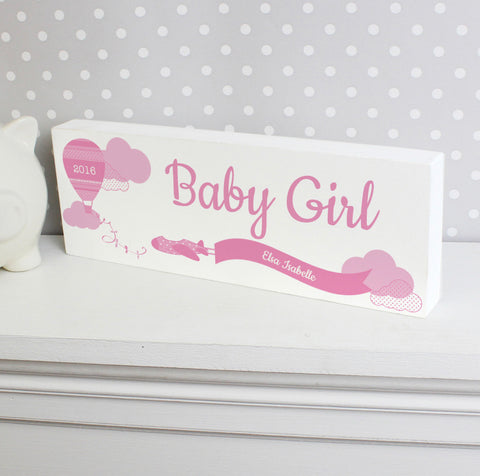 Personalised Up & Away Baby Girl Wooden Block Sign