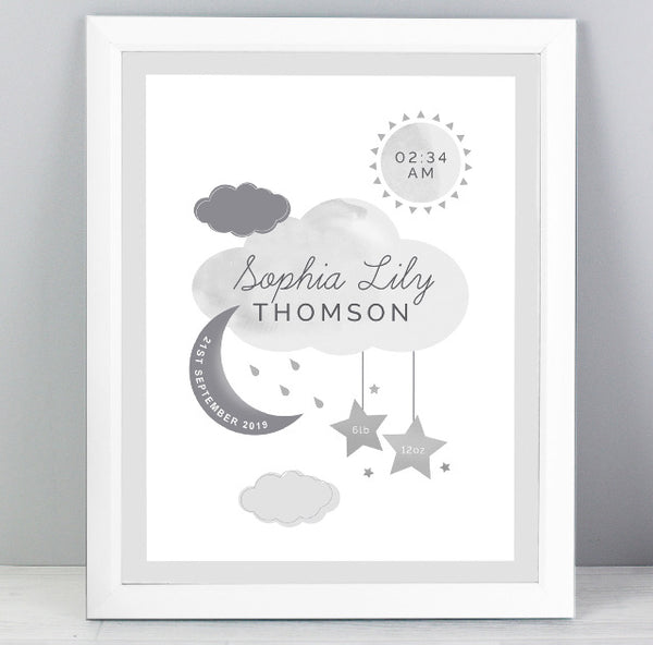 Personalised New Baby Moon & Stars White Framed Print