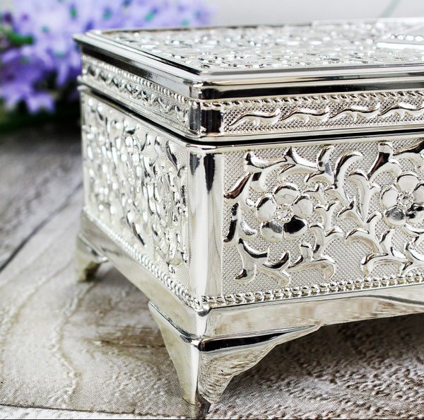 Personalised Swirls & Hearts Antique Silver Plated Jewellery Box