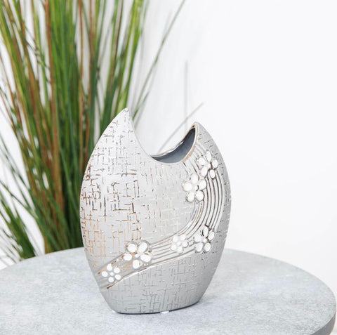 White Flowers Ceramic Oval Vase