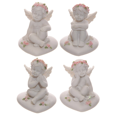 Cherub Sitting on Heart With Pink Roses