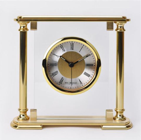 Wm Widdop Glass & Gold Aluminium Mantel Clock