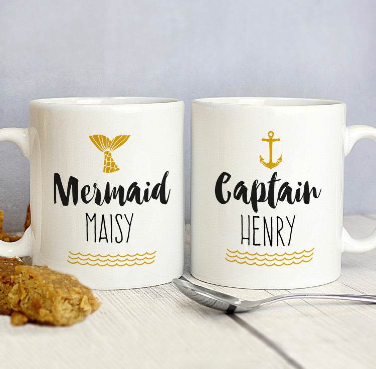 Personalised Mermaid and Captain Mug Set